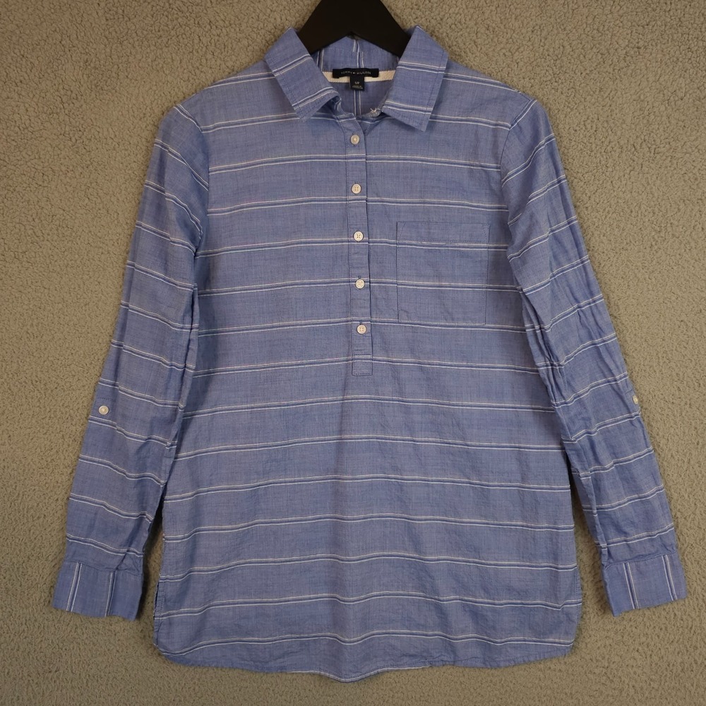 Tommy Hilfiger Shirt Womens Small Chambray Blue 1/2 Button Roll Tab Tunic Top